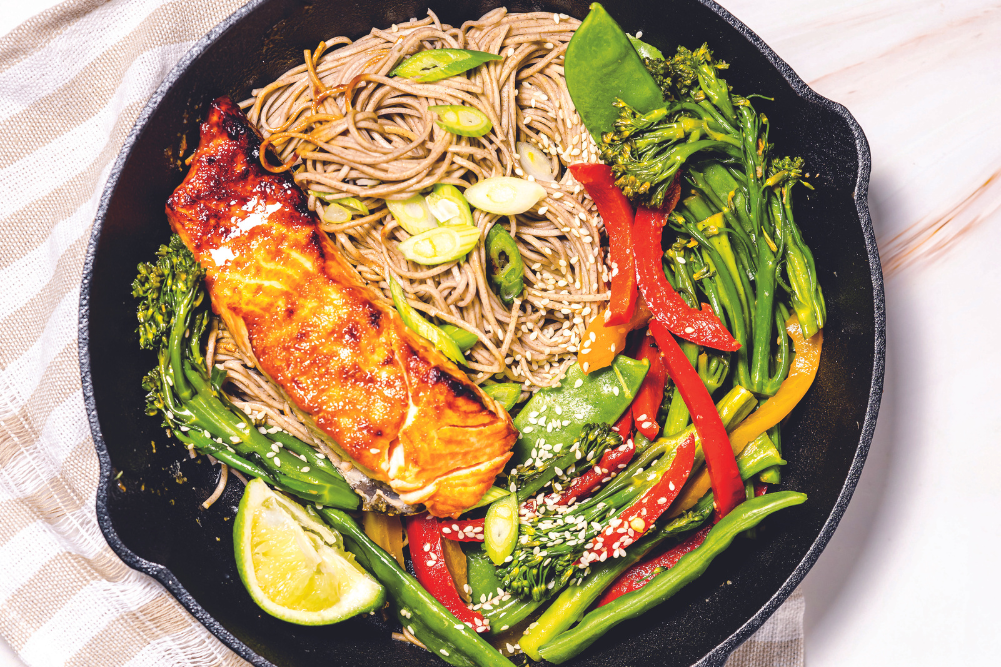 Miso-Glazed Salmon with Soba Noodles & Stir-Fry Vegetables