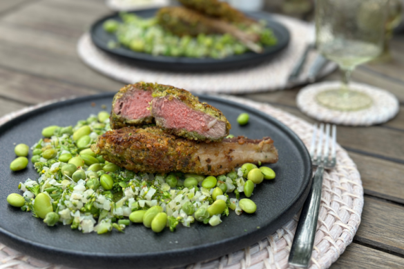 Sourdough Crumbed Lamb Cutlets with Veggie Rice & Edamame