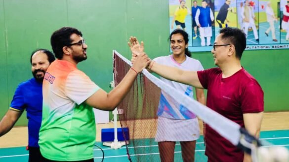 PV Sindhu, Venkata Datta Sai Play Badminton With Kiren Rijiju